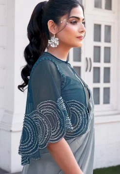 Pre Stitched Art Silk Saree in Grey
