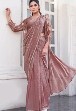 Pre Stitched Art Silk Saree in Old Rose
