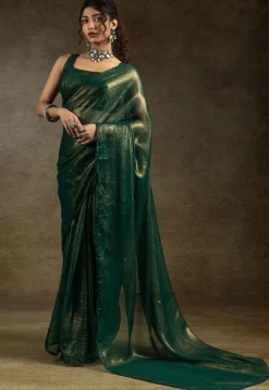 Pre Stitched Art Silk Saree in Dark Green