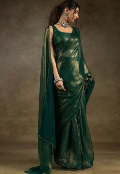 Pre Stitched Art Silk Saree in Dark Green