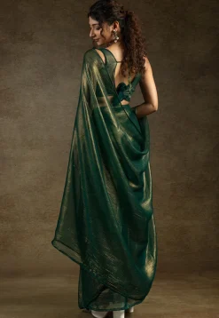 Pre Stitched Art Silk Saree in Dark Green