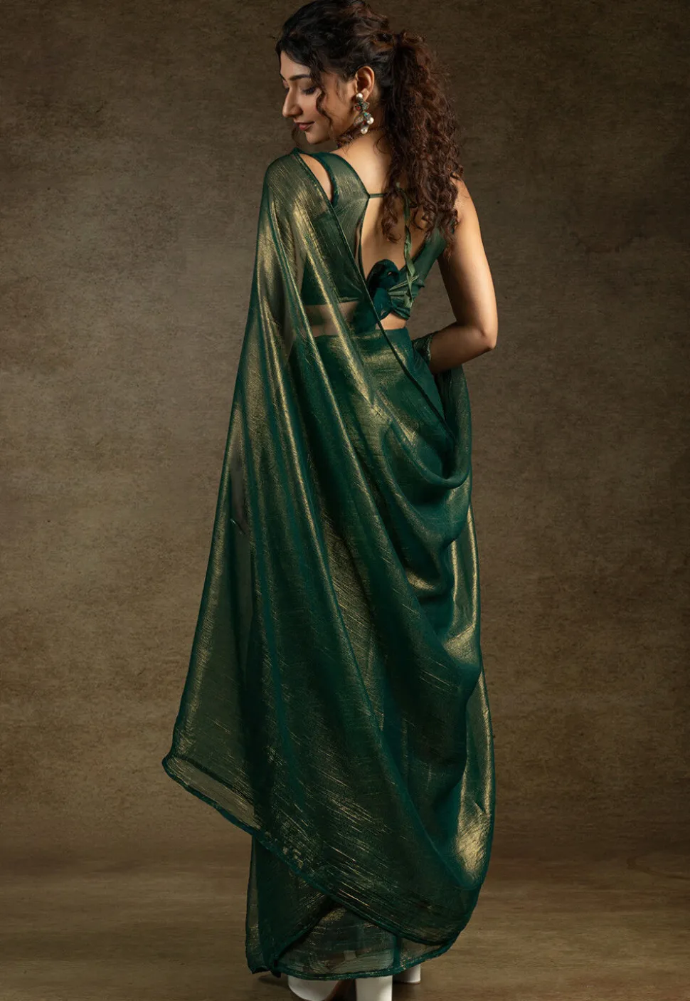 Pre Stitched Art Silk Saree in Dark Green