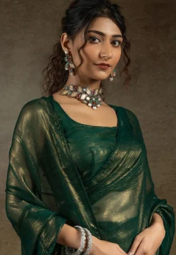 Pre Stitched Art Silk Saree in Dark Green