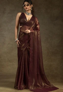 Pre Stitched Art Silk Saree in Brown