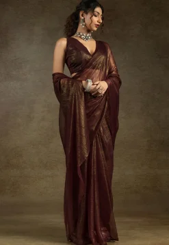 Pre Stitched Art Silk Saree in Brown