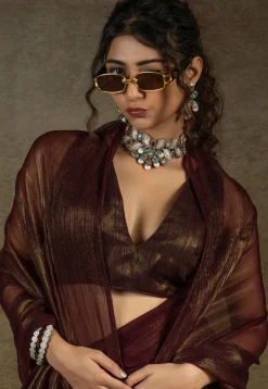 Pre Stitched Art Silk Saree in Brown