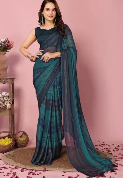Pre Stitched Art Silk Saree in Teal Blue