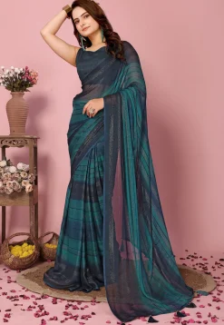 Pre Stitched Art Silk Saree in Teal Blue