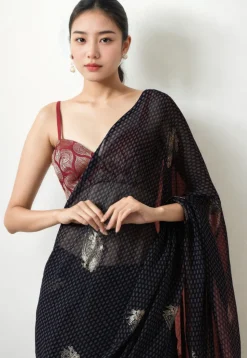 Pre Stitched Art Silk Saree in Navy Blue