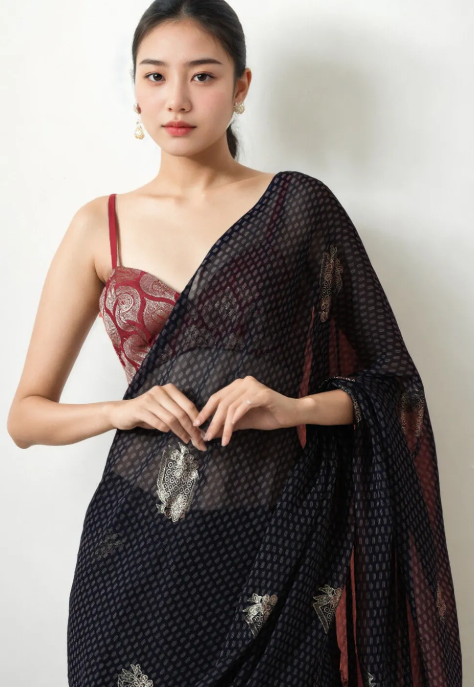 Pre Stitched Art Silk Saree in Navy Blue