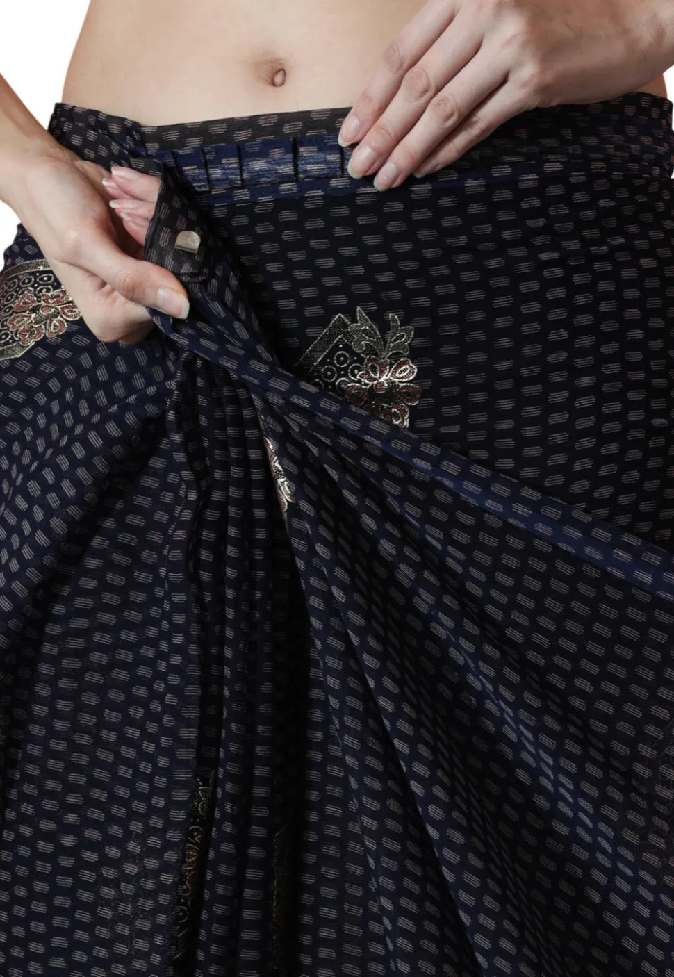 Pre Stitched Art Silk Saree in Navy Blue