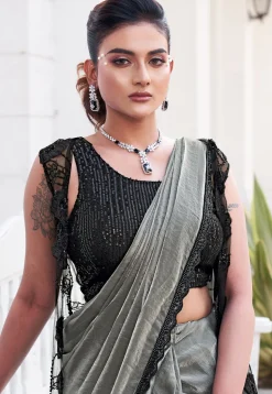 Pre Stitched Art Silk Saree in Grey