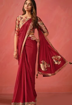 Pre Stitched Border Satin Silk Saree in Maroon