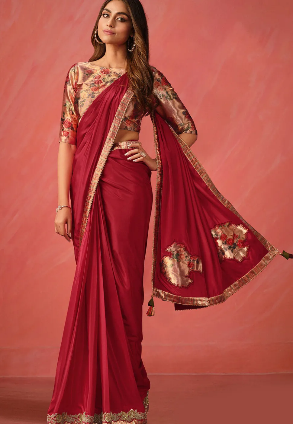 Pre Stitched Border Satin Silk Saree in Maroon