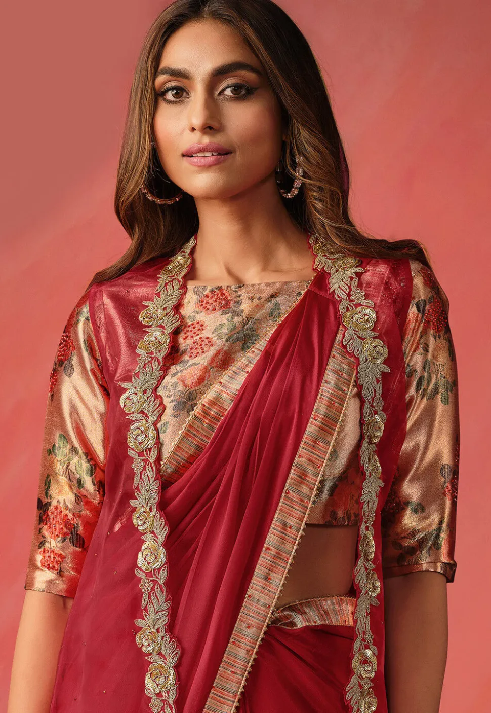 Pre Stitched Border Satin Silk Saree in Maroon