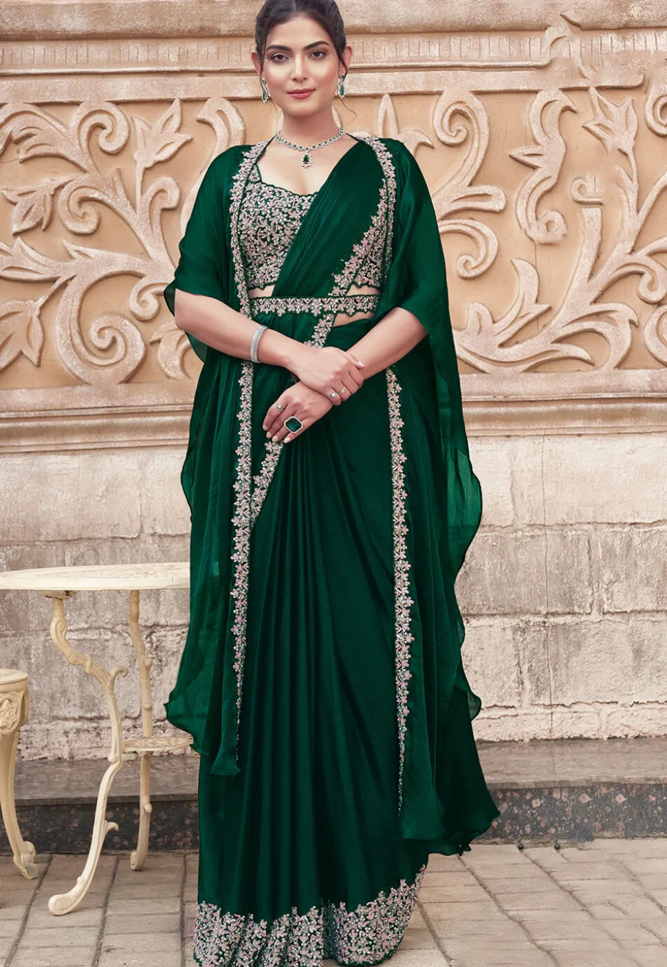 Pre Stitched Chiffon Saree in Dark Green