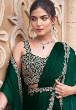 Pre Stitched Chiffon Saree in Dark Green