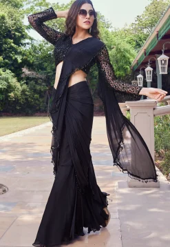 Pre Stitched Chiffon Saree in Black