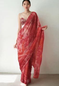Pre Stitched Chiffon Saree in Red and Pink