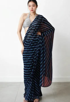 Pre Stitched Chiffon Saree in Dark Blue