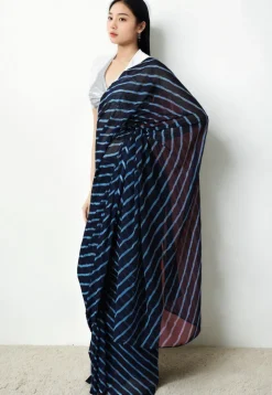 Pre Stitched Chiffon Saree in Dark Blue