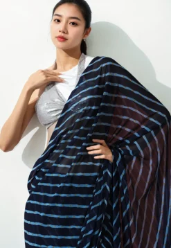 Pre Stitched Chiffon Saree in Dark Blue