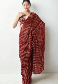 Pre Stitched Chiffon Saree in Maroon