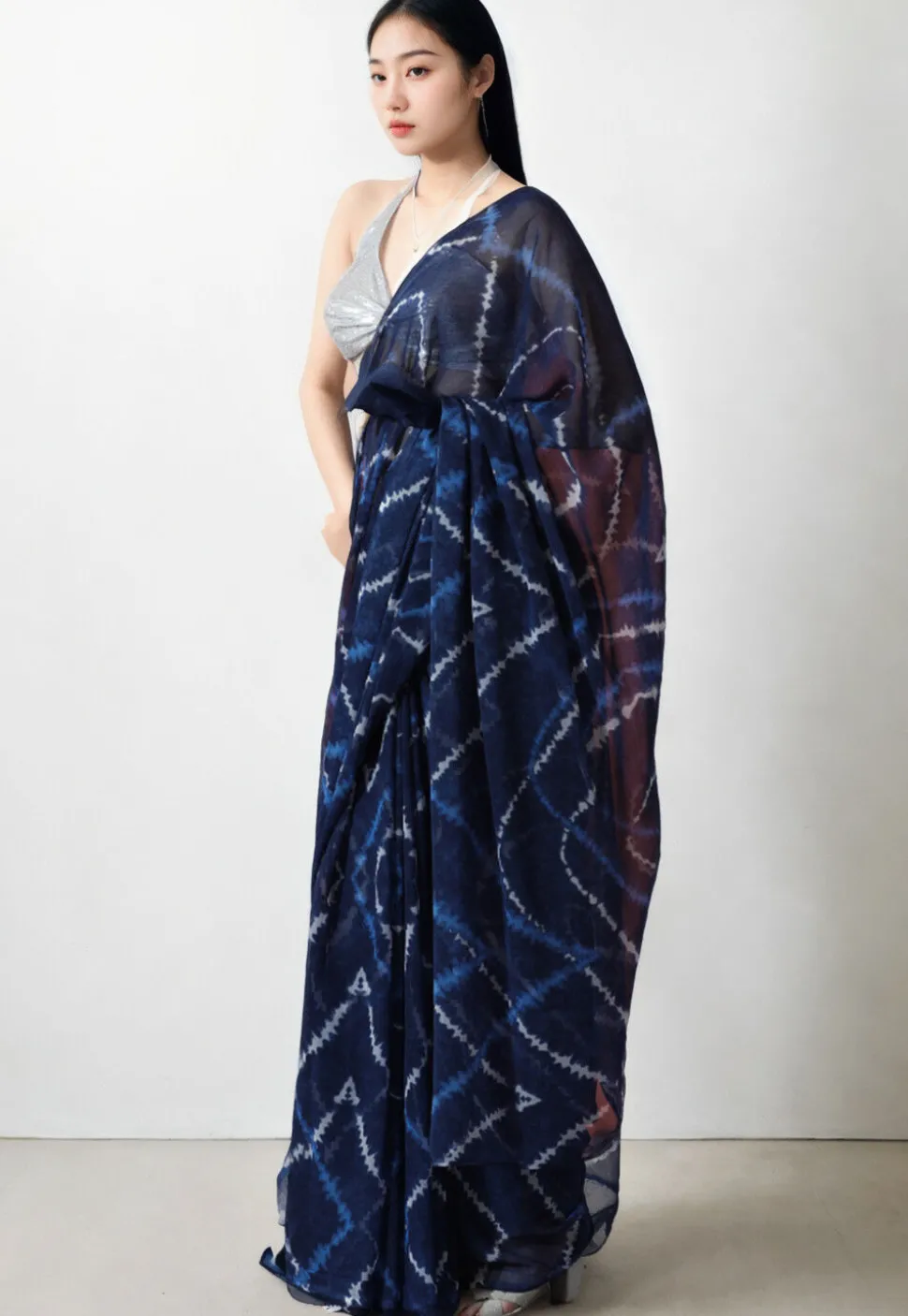 Pre Stitched Chiffon Saree in Navy Blue