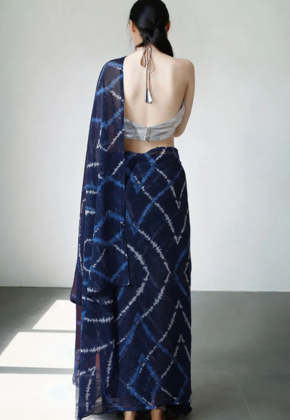 Pre Stitched Chiffon Saree in Navy Blue