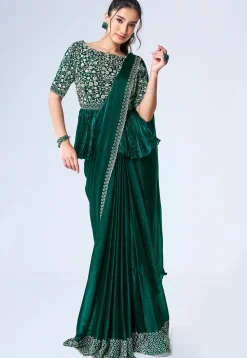 Pre Stitched Chiffon Saree in Dark Green