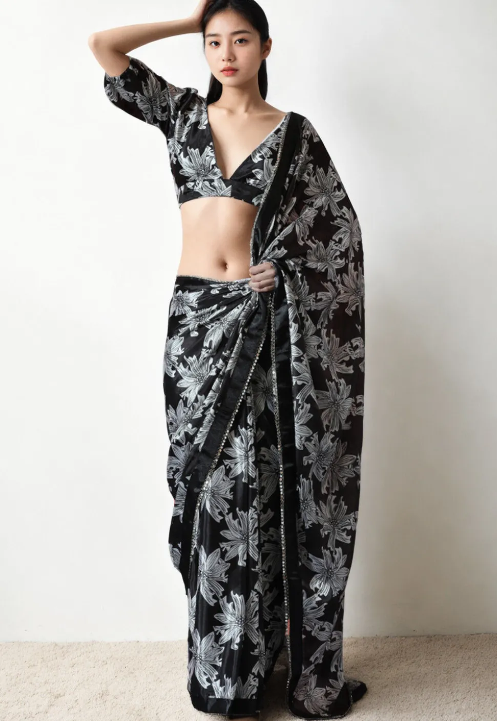 Pre Stitched Chinon Chiffon Saree in Black