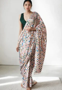 Pre Stitched Chinon Chiffon Saree in Off White