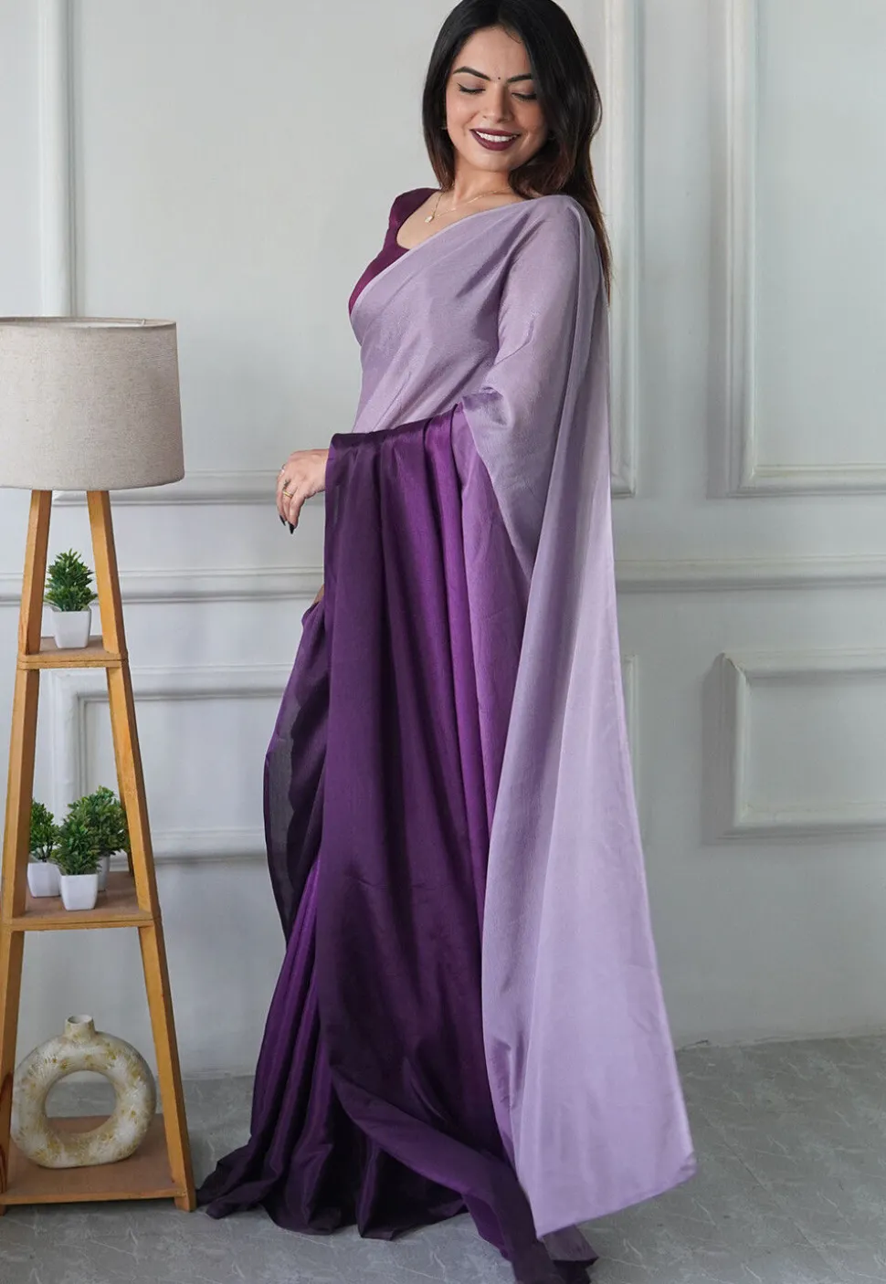Pre Stitched Chinon Chiffon Saree in Purple Ombre