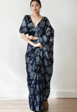 Pre Stitched Chinon Chiffon Saree in Navy Blue