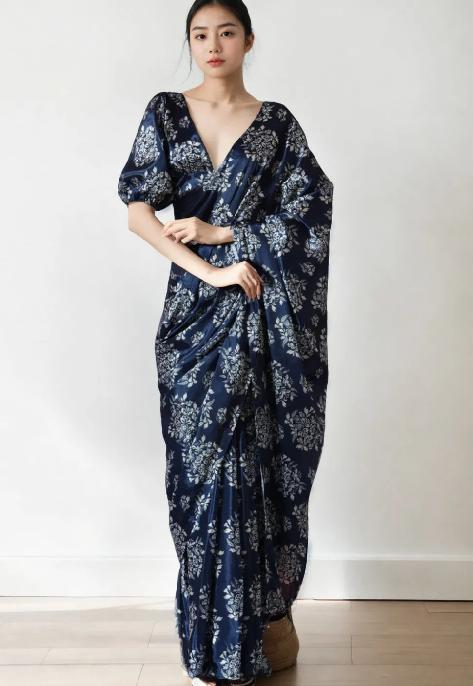 Pre Stitched Chinon Chiffon Saree in Navy Blue