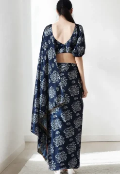 Pre Stitched Chinon Chiffon Saree in Navy Blue