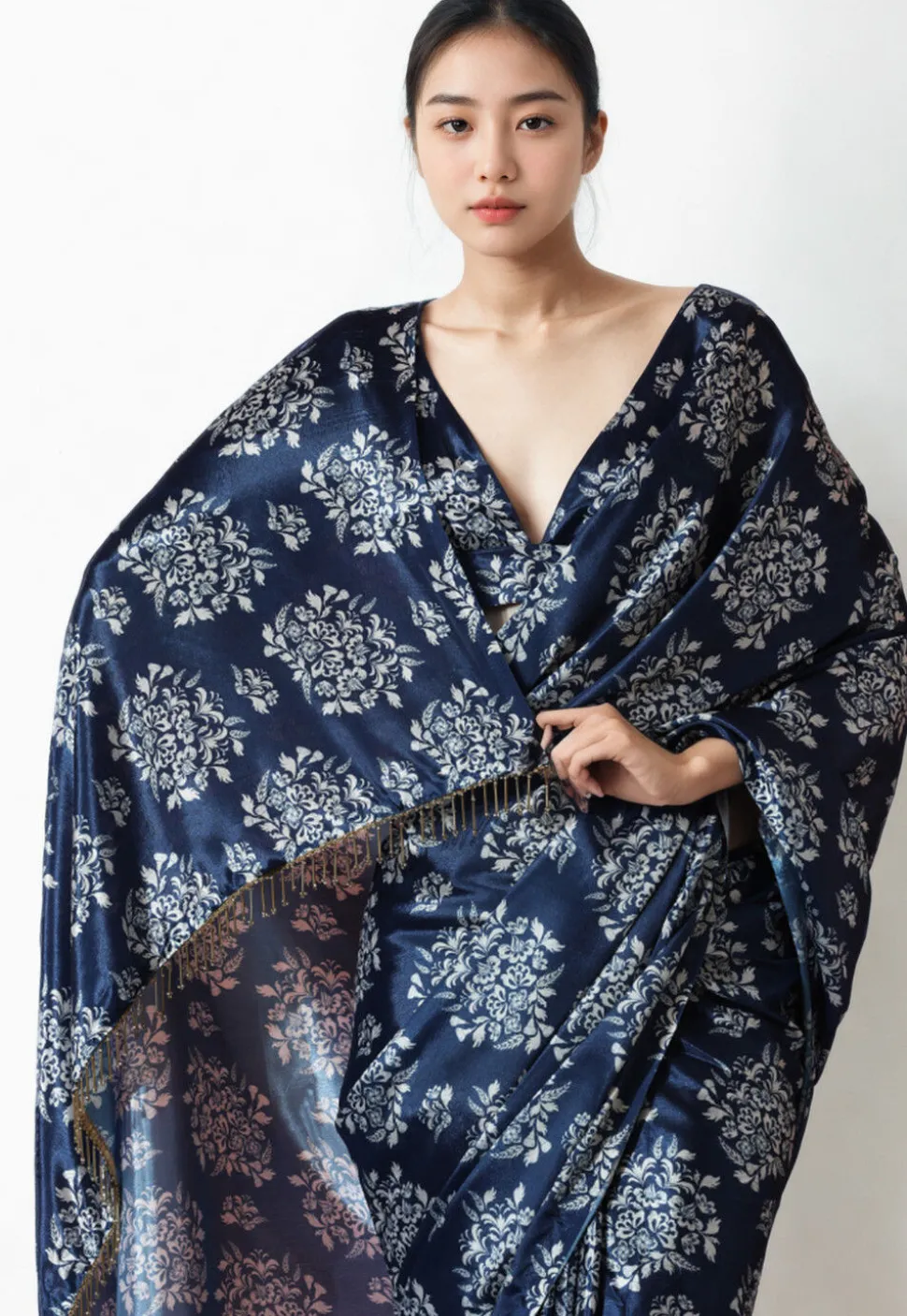 Pre Stitched Chinon Chiffon Saree in Navy Blue