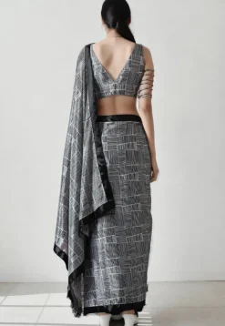 Pre Stitched Chinon Chiffon Saree in Black and White