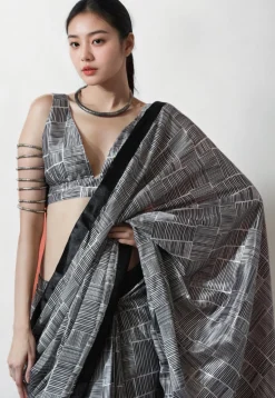 Pre Stitched Chinon Chiffon Saree in Black and White