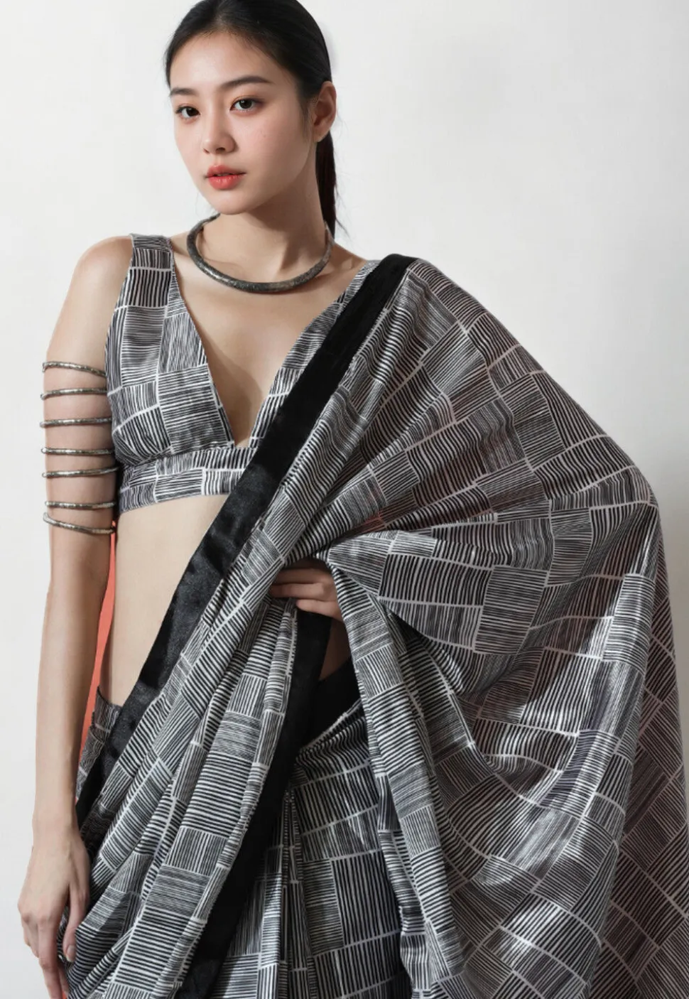 Pre Stitched Chinon Chiffon Saree in Black and White