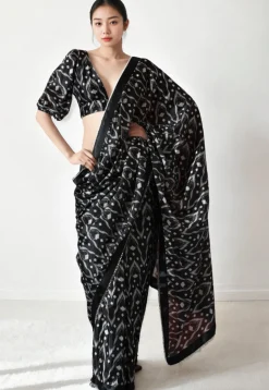 Pre Stitched Chinon Chiffon Saree in Black