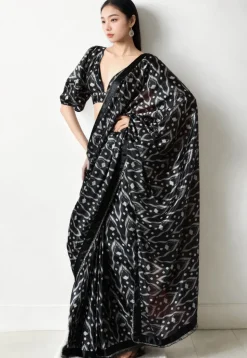 Pre Stitched Chinon Chiffon Saree in Black