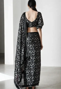 Pre Stitched Chinon Chiffon Saree in Black
