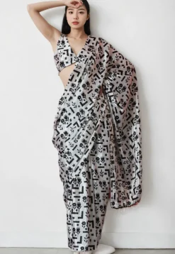 Pre Stitched Chinon Chiffon Saree in Off White