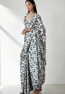 Pre Stitched Chinon Chiffon Saree in Off White