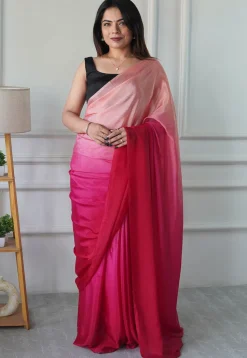 Pre Stitched Chinon Chiffon Saree in Pink Ombre