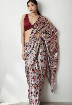 Pre Stitched Chinon Chiffon Saree in Off White