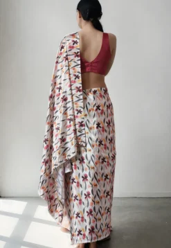 Pre Stitched Chinon Chiffon Saree in Off White