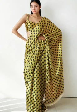 Pre Stitched Chinon Chiffon Saree in Yellow