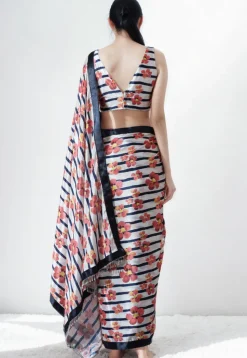 Pre Stitched Chinon Chiffon Saree in White and Navy Blue